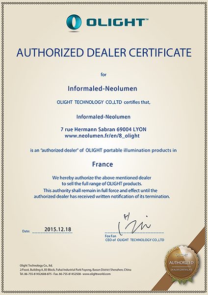 Olight Authorized Dealer Certificate